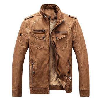 Men's brown leather biker jacket in a vintage fitted suede style, featuring long sleeves, a collar, and crafted from natural materials.