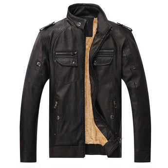 Men's dark brown leather biker jacket in a fitted suede vintage style, featuring a structured collar, full-length sleeves, and button accents, tailored for a sophisticated and fashionable look.