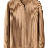 Men's tan ribbed knit zip-front cardigan in khaki, size 2XL, featuring a lightweight design, long sleeves, and a casual style.