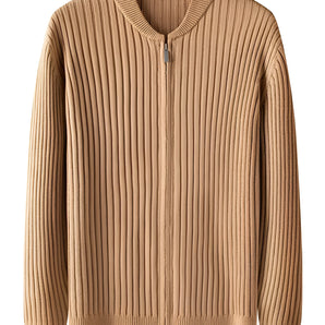 Men's tan ribbed knit zip-front cardigan in khaki, size 2XL, featuring a lightweight design, long sleeves, and a casual style.