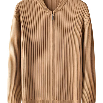 Men's tan ribbed knit zip-front cardigan in khaki, size 2XL, featuring a lightweight design, long sleeves, and a casual style.