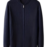 Men's tan ribbed knit zip-front cardigan sweater with long sleeves and a collar, shown in navy blue, size 2XL.