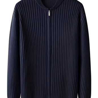 Men's tan ribbed knit zip-front cardigan sweater with long sleeves and a collar, shown in navy blue, size 2XL.