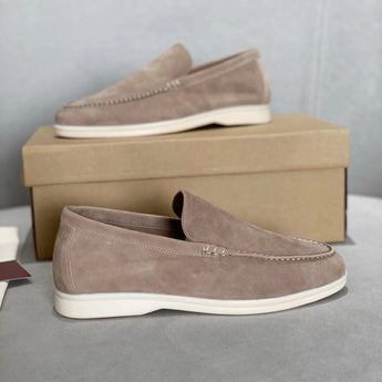Men's tan suede loafers in beige, featuring a slip-on design with contrast stitching, displayed in size 47.