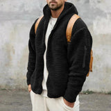 Men's tan teddy bear hoodie in faux fur fabric, featuring a zip-up front and fleece material. The hoodie includes a collar, sleeves, and waist that contribute to its cozy design. Displayed in a black color variant, size XL.