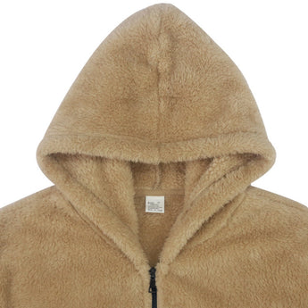 Men's tan teddy bear hoodie made of faux fur with a zip-up front, featuring a cozy fleece texture, long sleeves, and a soft collar. The hoodie is in a beige-peach color, resembling a plush jacket style.