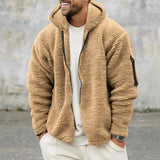 Men's tan teddy bear hoodie in khaki XL, faux fur zip-up fleece jacket showing front view with sleeves, collar, and neck detail, in beige color.