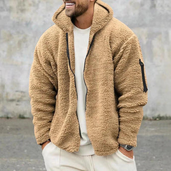 Men's tan teddy bear hoodie in khaki XL, faux fur zip-up fleece jacket showing front view with sleeves, collar, and neck detail, in beige color.