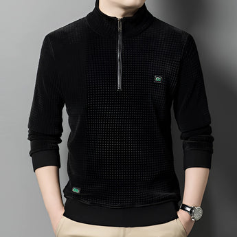 Men's Textured Beige Zip Neck Pullover, Lightweight Fall Sweater, model wearing black in 3XL.