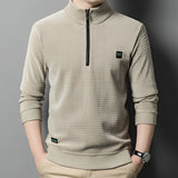 Men's textured beige zip neck pullover lightweight fall sweater in gray, 3XL, worn by a model showing shoulder and sleeve details.