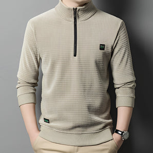 Men's textured beige zip neck pullover lightweight fall sweater in gray, 3XL, worn by a model showing shoulder and sleeve details.