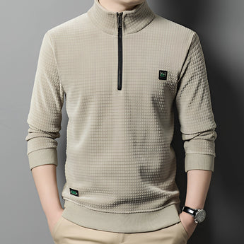 Men's textured beige zip neck pullover lightweight fall sweater in gray, 3XL, worn by a model showing shoulder and sleeve details.