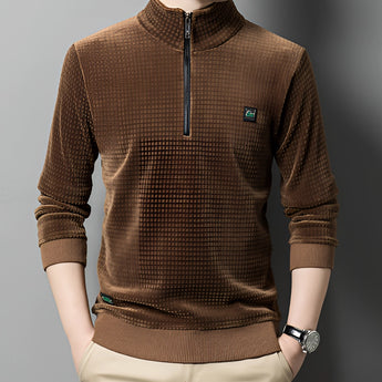Men's Textured Beige Zip Neck Pullover in lightweight material, shown in BRAUN 3XL, with a focus on the shoulder and neck area.