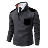 Men's dark gray textured zipper collar sweater with contrast elbow patches, shown in a 4XL size.