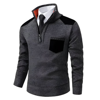 Men's dark gray textured zipper collar sweater with contrast elbow patches, shown in a 4XL size.