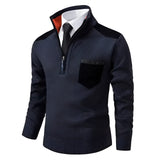Men's dark blue textured sweater with a zipper collar, featuring contrast elbow patches and designed with long sleeves in size 4XL.