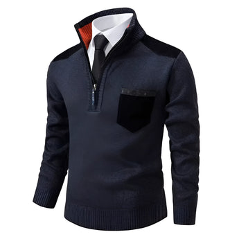 Men's dark blue textured sweater with a zipper collar, featuring contrast elbow patches and designed with long sleeves in size 4XL.