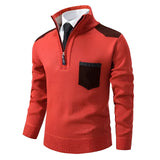 Men's red textured zipper collar sweater with contrast elbow patches, shown in 4XL size, featuring long sleeves and a stylish collar design.