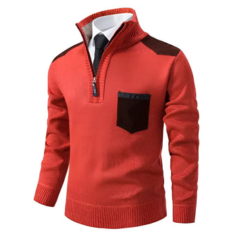 Men's red textured zipper collar sweater with contrast elbow patches, shown in 4XL size, featuring long sleeves and a stylish collar design.