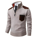 Men's beige textured zipper collar sweater in size 4XL with contrast elbow patches, featuring long sleeves and a stylish design.