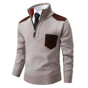 Men's beige textured zipper collar sweater in size 4XL with contrast elbow patches, featuring long sleeves and a stylish design.