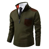 Men's green textured sweater in 4XL with a zipper collar and contrasting elbow patches.