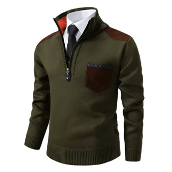 Men's green textured sweater in 4XL with a zipper collar and contrasting elbow patches.