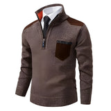 Men's brown textured zipper collar sweater with contrast elbow patches, shown in size 4XL, featuring long sleeves and a stylish pattern.