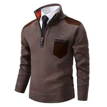 Men's brown textured zipper collar sweater with contrast elbow patches, shown in size 4XL, featuring long sleeves and a stylish pattern.