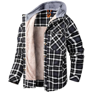 Men's grey plaid thermal hooded jacket with fleece lining, featuring long sleeves, a collar, and tartan pattern.