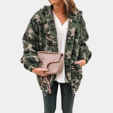 Men's green thermal outdoor camo hoodie with forest military pattern, featuring long sleeves and a collar, designed in an XL size.