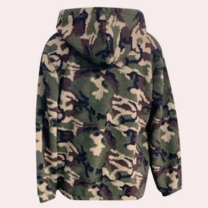 Men's thermal outdoor hoodie featuring a forest military camouflage pattern with long sleeves and a collar, designed for a rugged outdoor look.