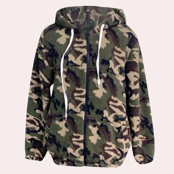 Men's thermal outdoor camo hoodie featuring a forest military pattern with long sleeves and a collar, designed with a camouflage style in beige tones.