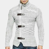 Men's gray turtleneck cable knit sweater, shown as an oversized cozy winter pullover with long sleeves and ribbed collar, suitable for cold weather.