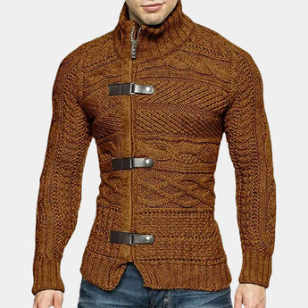Men's thick brown turtleneck cable knit sweater featuring cozy winter design, showcased on a bearded male model wearing a dress shirt underneath, highlighting the sweater's long sleeves, shoulder fit, and waist length, in size XL.