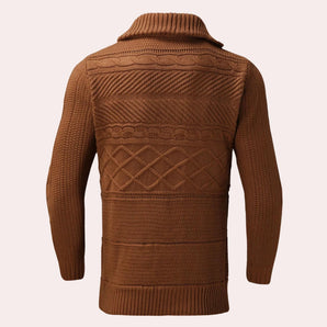 Men's thick brown turtleneck cable knit sweater featuring a cozy design with intricate knit patterns, ideal for winter wear.