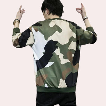 Men's oversized streetwear pullover sweatshirt with a trendy camo pattern, featuring long sleeves and a ribbed collar.
