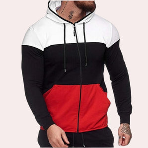 Men's tri-color zip-up hoodie featuring red, black, and white color block design, shown in black and red variant, size XL. The hoodie has long sleeves and a full front zip closure.