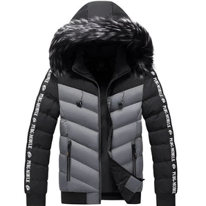Men's gray two-tone insulated winter jacket with a fur hood, designed for extreme cold weather, in size 5XL.