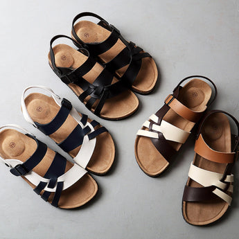 Men's two-tone leather sandals featuring an adjustable strap and a cork sole, primarily in shades of brown and beige.