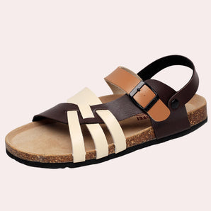 Men's two-tone leather sandals featuring an adjustable strap, cork sole, and a combination of brown and beige colors.
