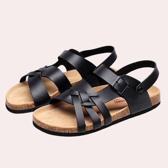Men's two-tone leather sandals with adjustable straps, featuring a cork sole and a combination of brown and beige colors, designed for outdoor wear.