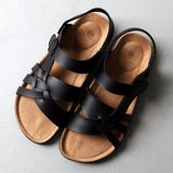 Men's two-tone leather sandals with adjustable black strap and cork sole, size 47.