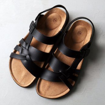 Men's two-tone leather sandals with adjustable black strap and cork sole, size 47.