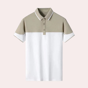 Men's white and khaki two-tone polo shirt with a contrast collar and short sleeves.