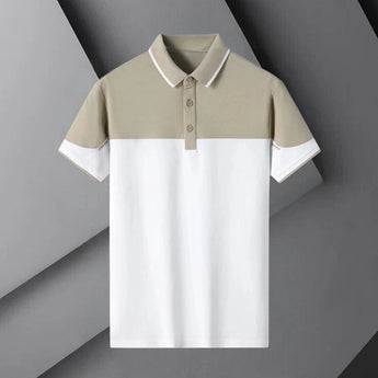 Men's two-tone polo shirt in white and khaki with a contrast collar, featuring short sleeves and a classic fit in size XL.