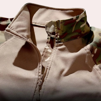 Men's lightweight urban camo tactical jacket with mesh design and zipper front, featuring a stylish collar and long sleeves.