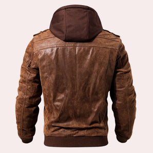 Men's vintage brown hooded leather jacket in distressed bomber style with full sleeves, featuring a collar and pockets.