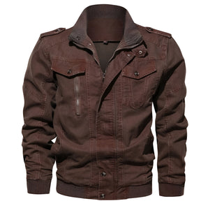 Men's vintage brown military-style bomber jacket featuring a corduroy collar, long sleeves, button closure, and front pockets.