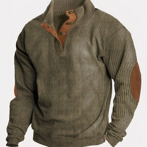 Men's vintage green corduroy pullover in 5XL size featuring leather elbow patches, with long sleeves and a collar.